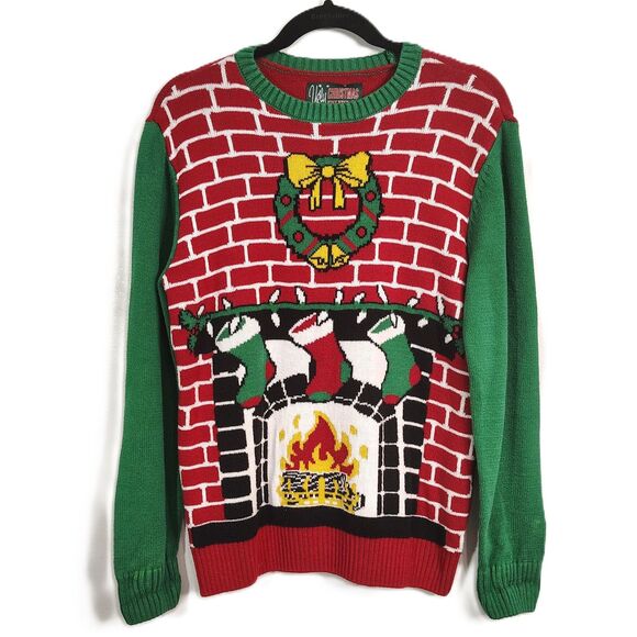 UGLY CHRISTMAS SWEATER Fireplace Scene SMALL Women's Red Green Holiday Crew Neck - Picture 1 of 4